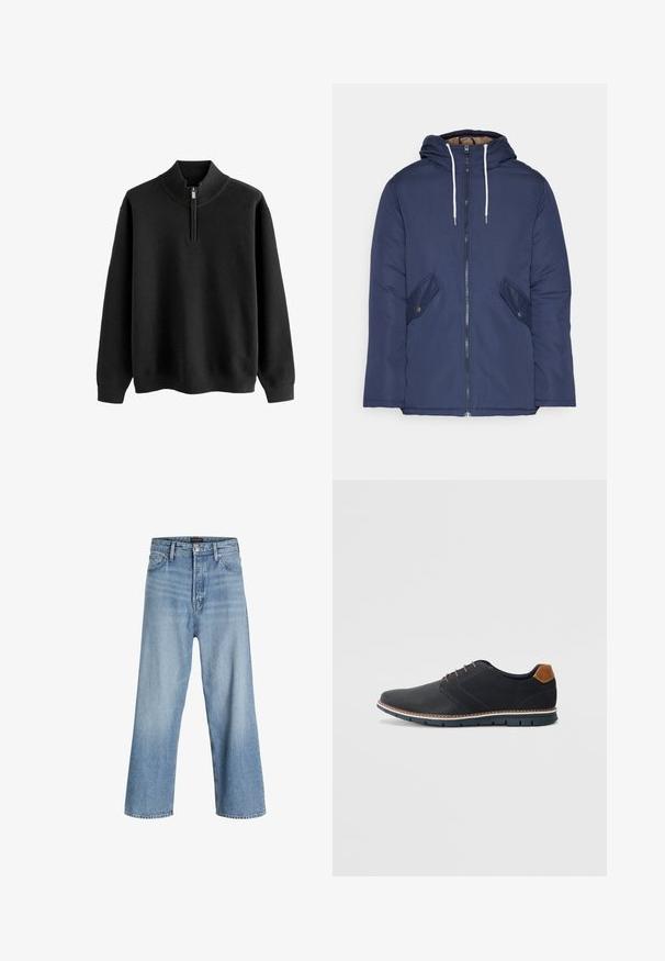 Granatowa pikowana kurtka z kapturem, z zamkiem z przodu, dwoma bocznymi kieszeniami z guzikami oraz białymi sznurkami.; Czarny sweter z przeszłym kołnierzykiem, wykonany z dzianiny o strukturze waflowej, z długimi rękawami; posiada ribbowe mankiety i dół.; Jasnoniebieskie spodnie dżinsowe z szerokimi nogawkami, wykonane z denimu, z wysokim stanem, klasycznym pięciopocketowym designem oraz zapięciem na guzik z suwakiem.; Czarne syntetyczne buty z fakturowaną cholewką, gładkimi akcentami, brązowym obcasem i kontrastującą podeszwą. Charakteryzują się minimalnym sznurowaniem i detalami w szwach.