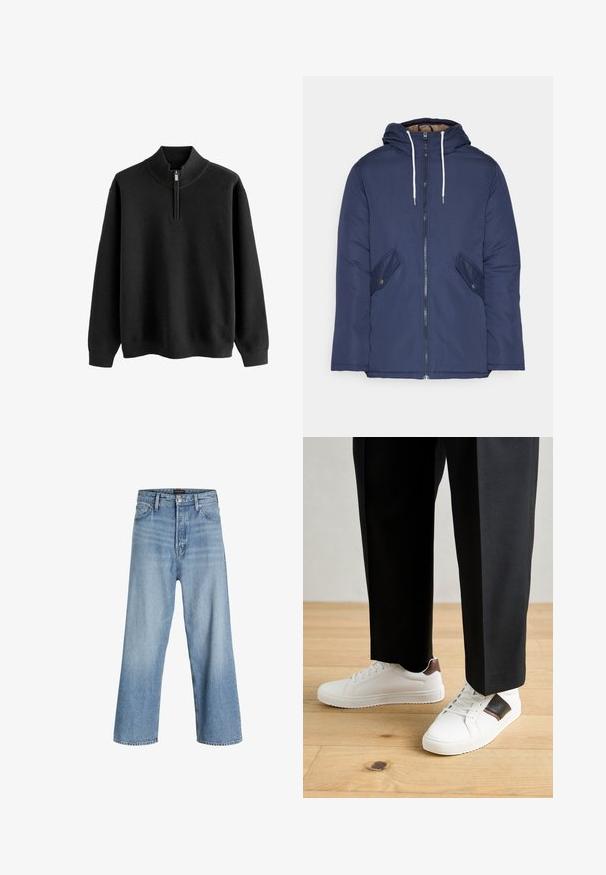 Marineblau gepadded Jacke mit Kapuze, ausgestattet mit einem Reißverschluss vorne, zwei seitlichen Taschen mit Knöpfen und weißen Kordeln.; Schwarzer Pullover mit einem Reißverschlusskragen, Waffelstrick-Textur und langen Ärmeln; mit gerippten Bündchen und Saum.; Helle blaue weit geschnittene Jeans aus Denim, mit hoher Taille, klassischem Fünf-Taschen-Design und Knopfverschluss mit Reißverschluss.; Weiße Sneakers mit glatter Textur, versehen mit braunen Lederakzenten und schwarzen Details, kombiniert mit schwarzen maßgeschneiderten Hosen. Hintergrund aus Holzboden.