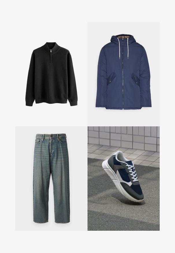 Tumesinine vahtkatseline jakk, millel on kapuuts, esilukk, kaks küljetaskut nupuga ja valged tõmblukud.; Mustmust särk, millel on tõmblukuga krae, vahvlikoes tekstuur ja pikad varrukad; funktsioonid ribakudumisega mansetid ja ääre.; Heledad sinine denim-stiilis teksad, volüümse lõike, keskmise kõrgusega talje ja sirgete säärega. Omab viit taskut, vöökumme ja nööpide sulgemist.; Sneaker, mille sinine võrkkangas, hallid nubukdetailid, valge kummitald ja lamedad valged paelad, disainitud mugavuseks ja hingavuseks.
