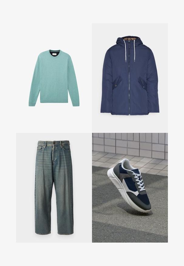 Jachetă căptușită bleu marin cu glugă, având un fermoar frontal, două buzunare laterale cu nasturi și șnururi albe.; Pulover teal deschis, confecționat dintr-un material moale, având mâneci lungi, guler rotund, manșete sau rib tușate și o suprafață simplă cu o textură subtilă.; Jeans din denim bleu deschis, cu o croială lejeră, talie medie și picioare drepte. Au cinci buzunare, bucle pentru curea și închidere cu nasture.; Adidași cu un uppers din plasă albastră închisă, accente din suede gri, talpă din cauciuc alb și șireturi plate albe, concepuți pentru confort și respirabilitate.