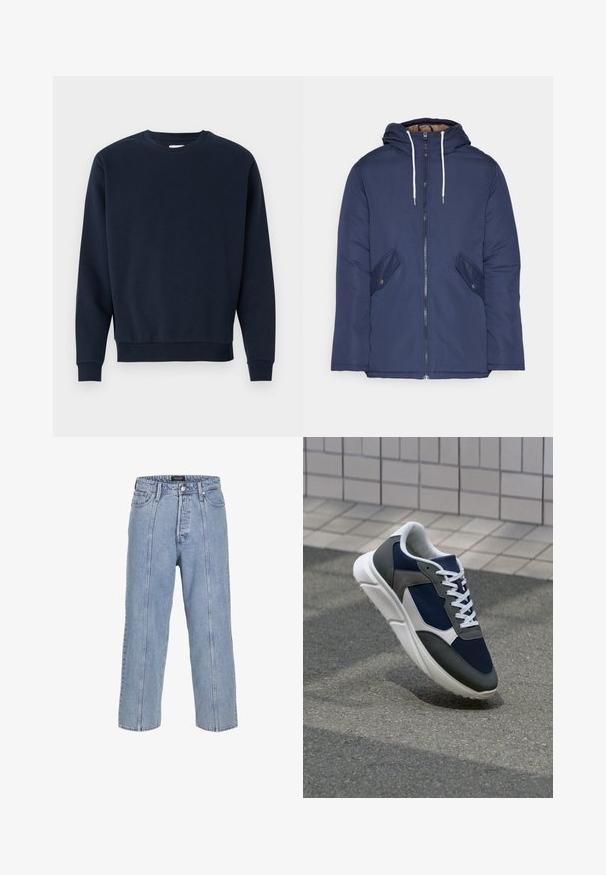 Navy plava podstava jakna s kapuljačom, koja ima prednji patentni zatvarač, dva bočna džepa s gumbima i bijele špage.; Pamučni dukserica u tamnoplavoj boji s okruglim izrezom, dugim rukavima i rebrastim manžetama i donjim rubom. Glatka tekstura, minimalistički dizajn, bez vidljivih logotipa.; Svijetloplave traperice s širokim krojem, širokim nogavicama i vidljivim detaljima šivanja. Imaju zatvaranje na gumb i patentni zatvarač te pet džepova.; Tenisice s gornjim dijelom od mrežastog materijala tamnoplave boje, siva antilopova naglašavanja, bijela gumena potplat i ravne bijele vezice, dizajnirane za udobnost i prozračnost.