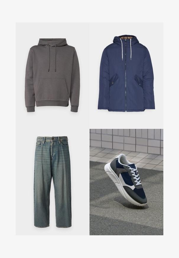 Navy blue padded jacket with a hood, featuring a front zipper, two side pockets with buttons, and white drawstrings.; Gray hoodie made of soft material, featuring a kangaroo pocket, adjustable drawstring hood, and ribbed cuffs and hem.; Light blue denim jeans with a loose fit, mid-rise waist, and straight legs. Features five pockets, belt loops, and a button closure.; Sneaker featuring a navy blue mesh upper, gray suede accents, white rubber sole, and flat white laces, designed for comfort and breathability.