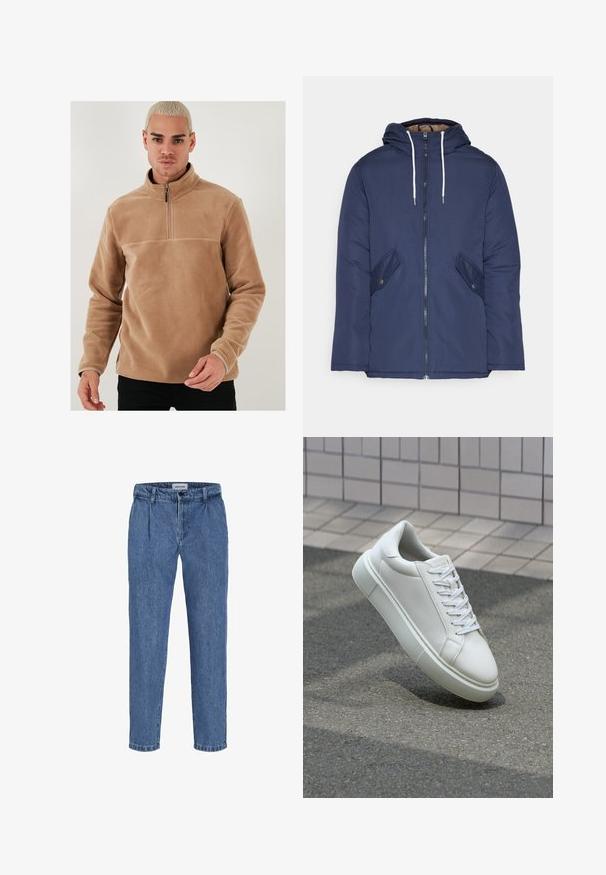 Sötétkék bélelt dzseki kapucnival, elülső cipzárral, két oldalsó zsebbel gombokkal és fehér húzózsinórokkal.; Barna bolyhos pulóver félszipzárral és hosszú ujjakkal. Simább textúrával rendelkezik, egyszínű és minta, illetve díszítés nélkül.; Világoskék farmernadrág laza szabással, magas derékkal, két elülső pliszéval és felhajtott szárral. Egyszerű gombos és cipzáras záródás.; Fehér bőr sportcipő sima felülettel, kerek orral és lapos fehér fűzőkkel. Texturált gumitalppal és minimális dizájnelemekkel rendelkezik.
