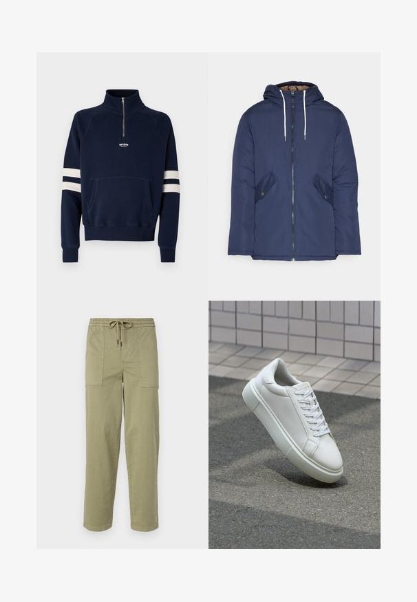 Marinblå vadderad jacka med huva, som har en framdragkedja, två sidofickor med knappar och vita dragsnören.; Mörkblå sweatshirt med halvdragkedja, kenguruficka och vita randar på ärmarna. Tillverkad av mjukt material; har ett broderat logotyp.; Ljus olivgröna byxor i en bomullsblandning, med elastisk midja och dragsko, samt två stora sidofickor.; Vit lädersneaker med en slät yta, rund tå och platta vita snören. Har en texturerad gummisula och minimalistiska designelement.