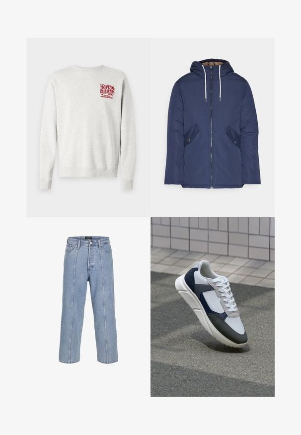 Sötétkék bélelt dzseki kapucnival, elülső cipzárral, két oldalsó zsebbel gombokkal és fehér húzózsinórokkal.; Szürke pamut pulóver, bordázott mandzsettával és derékkal, piros nyomott logóval a mellkason. Klasszikus környakú dizájn.; Világoskék farmernadrág laza fitte, széles szárakkal és látható varrási részletekkel. Gombos és cipzáras záródással, öt zsebével rendelkezik.; Fehér, tengerészkék és szürke sneaker vegyes anyagokból készült dizájnnal, amely textúrázott felsőrésszel, lapos fűzőkkel és párnázott talppal rendelkezik.