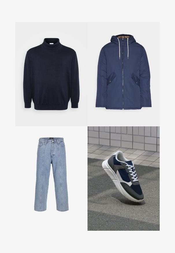 Marineblauwe gewatteerde jas met een capuchon, voorzien van een rits aan de voorkant, twee zijzakken met knopen en witte trekkoorden.; Jack & Jones JJEBASIC ROLL NECK - Trui - navy; Lichtblauwe denim jeans met een losse pasvorm, wijde benen en zichtbare stiksels. Voorzien van een knoop- en ritsluiting, vijf zakken.; Sneaker met een marineblauwe mesh bovenwerk, grijze suède accenten, witte rubberen zool en platte witte veters, ontworpen voor comfort en ademend vermogen.