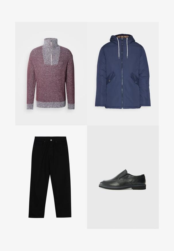 Jūrinė mėlyna pūkinė striukė su kapišonu, turinti priekinį užtrauktuką, dvi šonines kišenes su sagomis ir baltus raiščius.; Snieguotas puloveris bordo spalvos su šviesiai pilkais akcentais. Sukurtas su aukštu apykakle ir pusiau užtrauktuku, tekančios tekstūruotos juostelės visame gaminyje.; Juoda džinsinė kelnė su tiesiu kirpimu, penkių kišenių dizainu ir priekiniais mygtukais. Lygus paviršius su minimaliu siuvimo detalėmis.; Juodai odiniai įtvirtinimo batai su lygiu paviršiumi, siuvinėjimo akcentais, apvalia nosimi ir žemu guminiu kulnu. Pado raštas minimalus.
