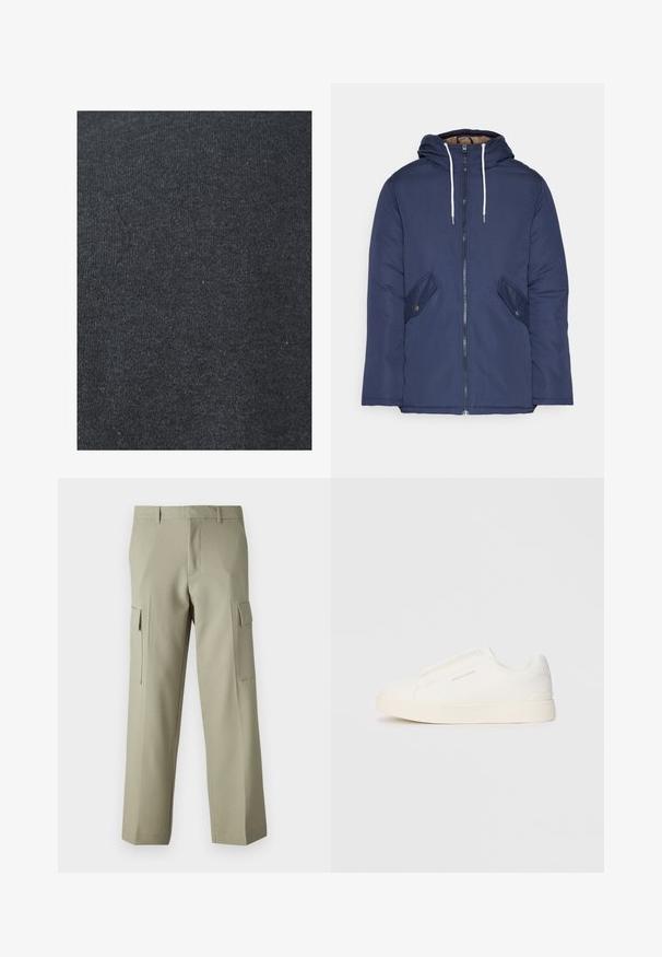 Jachetă căptușită bleu marin cu glugă, având un fermoar frontal, două buzunare laterale cu nasturi și șnururi albe.; Țesătură din bumbac negru cu o textură netedă, având un model de tricotaj consistent și fără detalii decorative sau elemente metalice vizibile.; Pantaloni cargo verzi deschis cu un design cu picioare drepte, având buzunare laterale și o textură netedă a materialului. Vedere din spate.; Tenisi albi slip-on cu o suprafață texturată, talpă groasă și un design minimalist. Prezintă logo-ul brandului pe lateral.