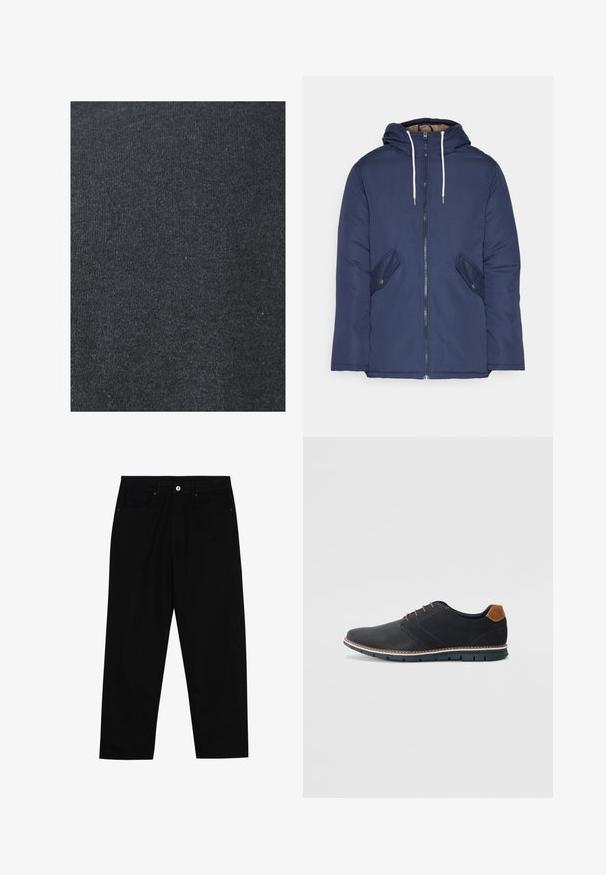 Navy blue padded jacket with a hood, featuring a front zipper, two side pockets with buttons, and white drawstrings.; Black cotton fabric with a smooth texture, featuring a consistent knit pattern and no visible embellishments or hardware details.; Black denim pants featuring a straight-leg cut, five-pocket design, and a front button closure. Smooth texture with minimal stitching details.; Black synthetic shoes with a textured upper, smooth accents, brown heel, and a contrasting sole. Features minimal lacing and stitch details.