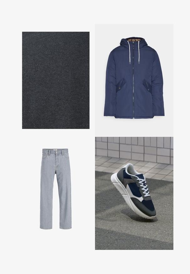 Mornarsko modra podložena jakna s kapuco, ki ima sprednji zadrgo, dva stranska žepa s gumbi in bele vrvice.; Črna bombažna tkanina z gladko teksturo, ki se ponaša s stalnim pletenim vzorcem in brez vidnih okrasnih ali kovinskih podrobnosti.; Svetlo modri kavbojki s sproščenim krojem, naravnost oblikovani nogi, vidnimi šivi, dvema sprednjima žepoma in gumbnim zapiranjem.; Superge z zgornjim delom iz mrežaste tkanine v mornarsko modri barvi, sivi usnjeni poudarki, belo gumijasto podplato in ravnimi belimi vezalkami, zasnovane za udobje in zračnost.