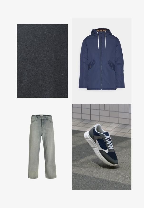 Marineblå polstret jakke med hette, med glidelås foran, to sidelommer med knapper og hvite snorer.; Svart bomullsstoff med en jevn tekstur, som har et konsistent strikkemønster uten synlige dekorasjoner eller hardware-detaljer.; Lys grå, løstsittende jeans laget av denim. Har en klassisk fem-lomme-design, beltehemper og en rett ben-silhuett.; Sneakers med en navy blå mesh-overdel, grå sømværk, hvit gummisåle og flate hvite snører, designet for komfort og pusteevne.