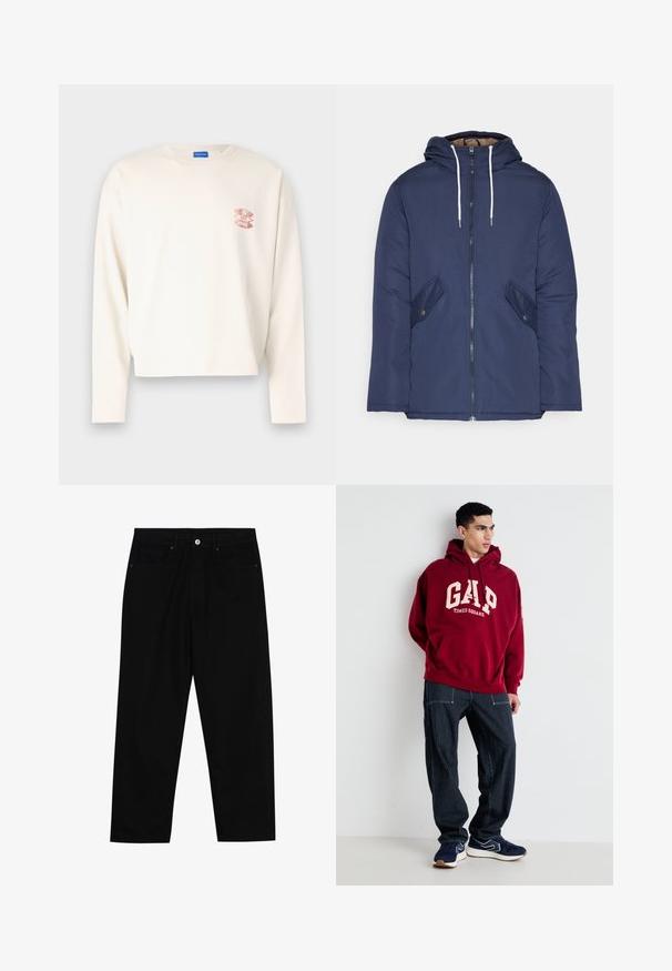 Laivasilkkinen vuorattu takki hupulla, jossa on etuvetoketju, kaksi nappikiinnityksellä varustettua sivutaskua ja valkoiset nyörit.; Pitkähihaista kermaista puuvillapaitaa, jossa on lyhennetty malli. Paidassa on vasemmalla rinnassa vaaleanpunainen graafinen logo ja klassinen pyöreä kaula-aukko.; Mustat farkut suoraan lahkeella, viisi taskua ja etunappikiinnitys. Sileä rakenne, jossa on vain vähäisiä ompelualueita.; Bordeaux-huppari, jossa on kermanväriset painatukset "GAP" ja "TIMES SQUARE", yhdistettynä tummansinisiin raidoitettuihin housuihin ja tummansinisiin tennareihin, joissa on valkoisia yksityiskohtia.