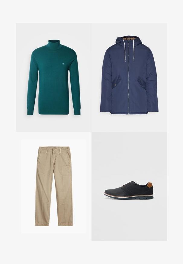 Laivasilkkinen vuorattu takki hupulla, jossa on etuvetoketju, kaksi nappikiinnityksellä varustettua sivutaskua ja valkoiset nyörit.; Teal turtleneck-neule paksusta, sileästä kankaasta. Ominaisuuksiin kuuluu pitkät hihat ja hienovaraisesti brodattu logo rinnassa.; Beige suorat lahkeet chinosit vyölenkkeillä, etupainike- ja vetskarikiinnitys sekä viistot etutaskut.; Mustat synteettiset kengät, joissa on teksturoitu päällinen, sileät yksityiskohdat, ruskea kanta ja erottuva pohja. Ominaisuuksina minimaalinen nauhoitus ja ompeluyksityiskohdat.