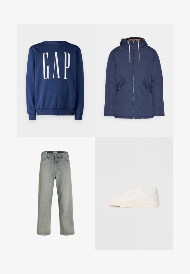 Marineblauwe gewatteerde jas met een capuchon, voorzien van een rits aan de voorkant, twee zijzakken met knopen en witte trekkoorden.; GAP Sweater - blue shade; Lichtgrijze, loszittende spijkerbroeken van denim. Beschikt over een klassiek vijf-pocket ontwerp, riemlussen en een rechte pijp silhoët.; Witte instap sneakers met een gestructureerd oppervlak, een dikke zool en een minimalistisch ontwerp. Bevat het merklogo aan de zijkant.