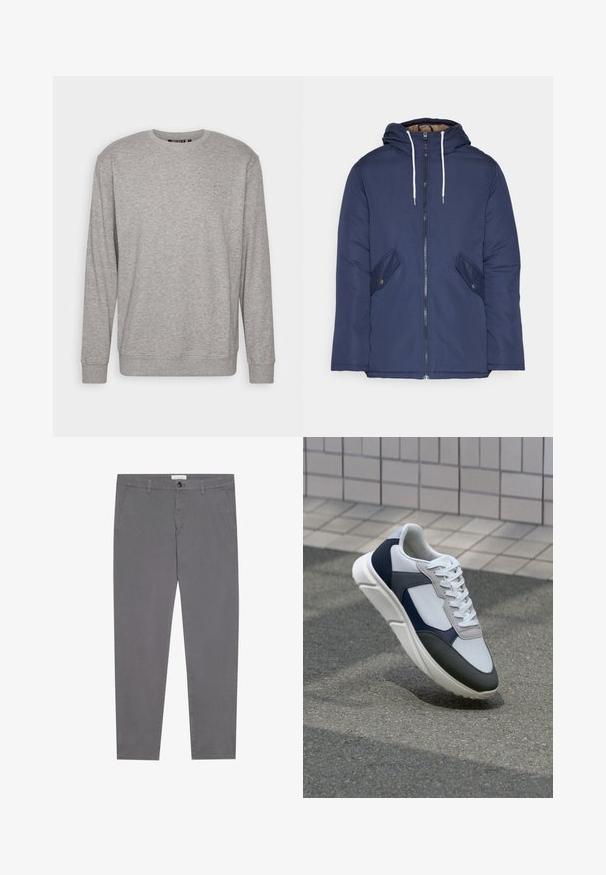 Marineblauwe gewatteerde jas met een capuchon, voorzien van een rits aan de voorkant, twee zijzakken met knopen en witte trekkoorden.; Lichtgrijze sweatshirt met lange mouwen, ronde hals, ribgebreide manchetten en onderrand. Bevat een subtiel logo op de bovenste linkerkant van de borst.; Grijze katoenen broeken met een slim fit, voorzien van twee zijzakken, een enkele achterzak en een knoopsluiting aan de taille.; Witte, marineblauwe en grijze sneaker met een gemengde materiaald ontwerp, met een gestructureerde bovenkant, platte veters en een gevoerde zool.