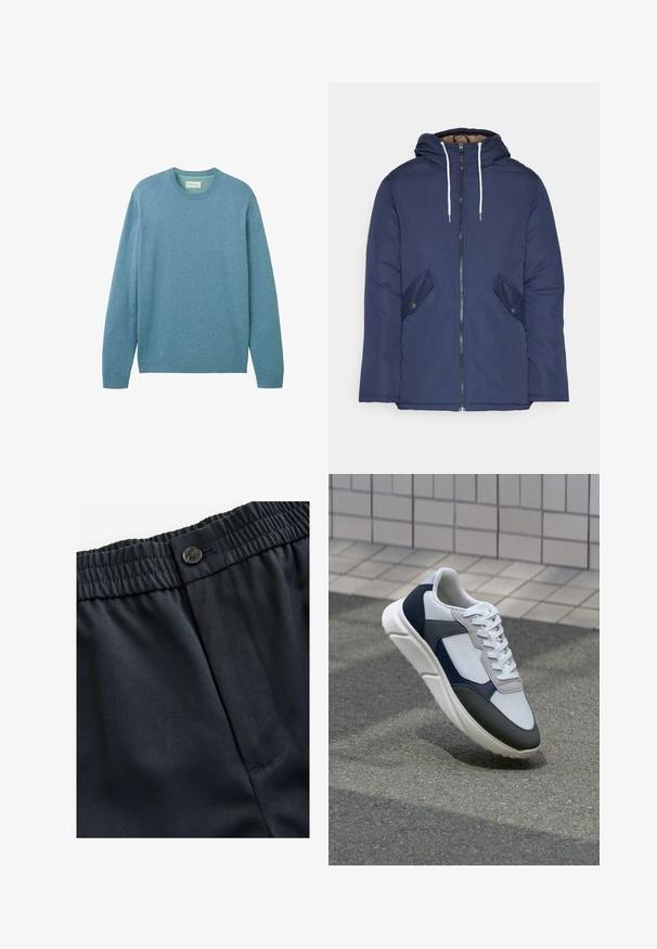 Granatowa pikowana kurtka z kapturem, z zamkiem z przodu, dwoma bocznymi kieszeniami z guzikami oraz białymi sznurkami.; Jasnoniebieski sweter wykonany z miękkiego materiału, z długimi rękawami i okrągłym dekoltem. Żebrowane mankiety i dół nadają teksturę. Brak widocznych wzorów.; Granatowy, lekki materiał o gładkiej fakturze. Posiada elastyczny pas ze zapięciem na guzik oraz jedną boczną kieszeń.; Białe, granatowe i szare sneakersy o mieszanej konstrukcji, z teksturowanym wierzchem, płaskimi sznurowadłami i amortyzowaną podeszwą.