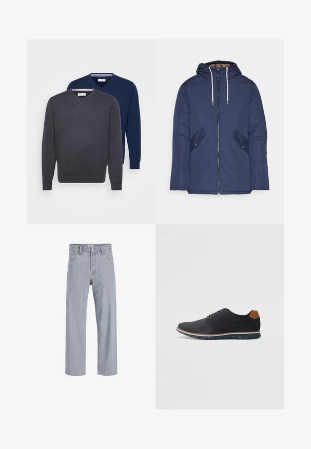 Marineblå polstret jakke med hette, med glidelås foran, to sidelommer med knapper og hvite snorer.; To V-halsgensere i mørkegrå og marineblå, laget av et mykt stoff med ribbestrikkede mansjetter og en stripet detalj inni halslinningen.; Lyseblå denimbukser med avslappet passform, rett ben-design, synlige sømmer, to frontlommer og knappelukking.; Sorte syntetiske sko med en teksturert overdel, glatte detaljer, brun hæl og en kontrastfarge på sålen. Har minimalt snøring og sømdetaljer.