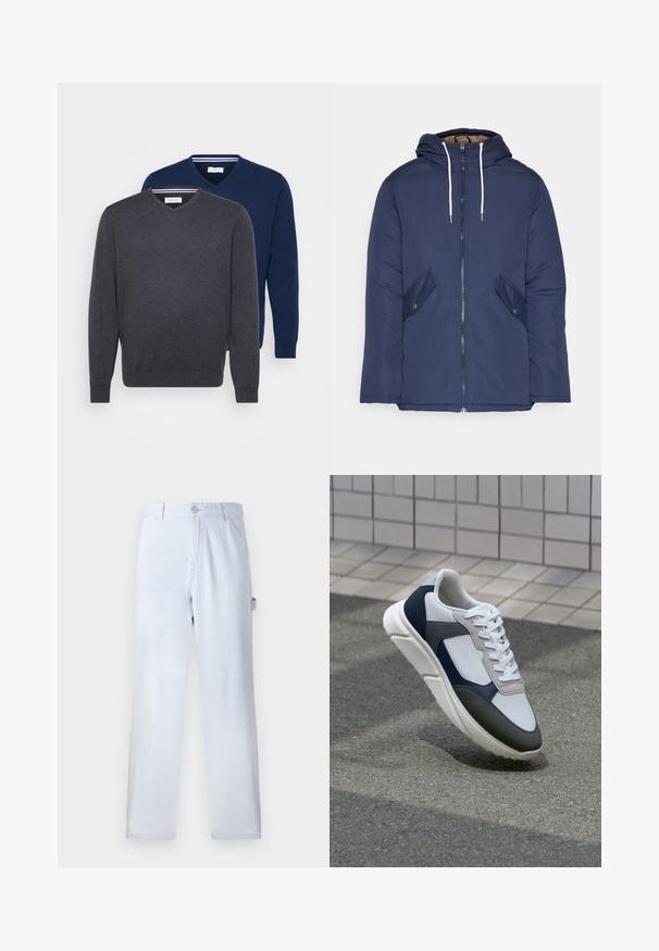 Tumesinine vahtkatseline jakk, millel on kapuuts, esilukk, kaks küljetaskut nupuga ja valged tõmblukud.; Kaks V-kaelusega kampsunit tumehallis ja mereväeblues, valmistatud pehmest kangast, ribadega mansettidega ja triibulise detailiga kaeluse sees.; Heled sinised triibulised püksid, mis on valmistatud puuvillast. Sirge jala disain, esine nupuvajutusega kinniti ja küljetaskud. Pehme tekstuur.; Valge, mereväe sinine ja hall spordijalats, millel on segatud materjalide disain, tekstureeritud ülemine osa, lame pael ja pehme talla.