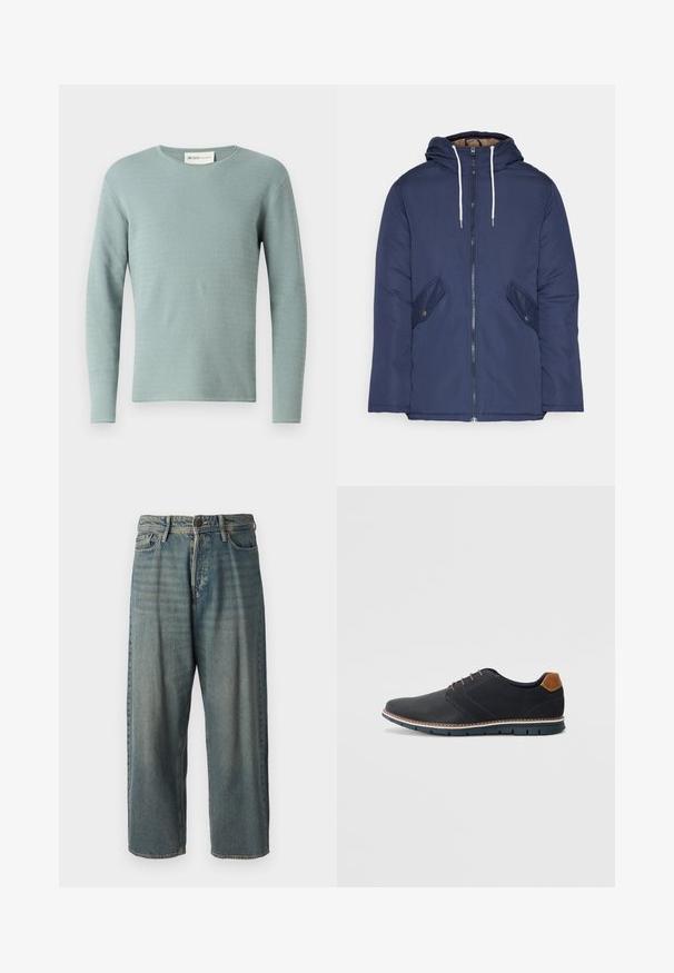 Marineblau gepadded Jacke mit Kapuze, ausgestattet mit einem Reißverschluss vorne, zwei seitlichen Taschen mit Knöpfen und weißen Kordeln.; Hellblaues langärmliges Sweatshirt mit einem strukturierten Wellenmuster, runder Halsöffnung und gerippten Bündchen. Hergestellt aus gestricktem Stoff, glatte Textur.; Helle blaue Denim-Jeans mit lockerer Passform, mittelhoher Taille und geraden Beinen. Hat fünf Taschen, Gürtelschlaufen und einen Knopfverschluss.; Schwarze synthetische Schuhe mit einer strukturierten Oberseite, glatten Akzenten, braunem Absatz und einer kontrastierenden Sohle. Verfügt über minimale Schnürung und Nähdetails.