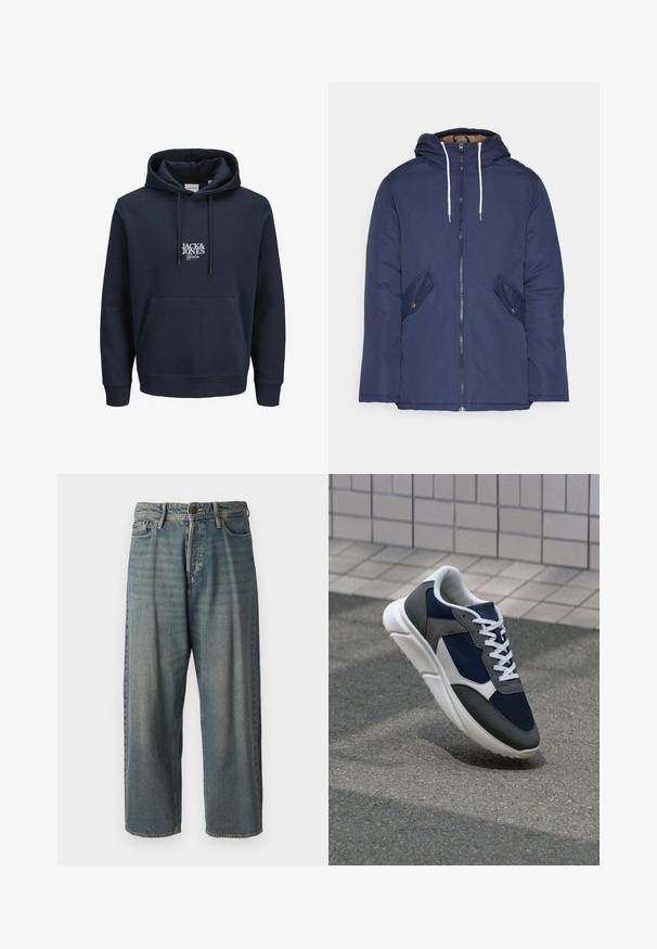 Sötétkék bélelt dzseki kapucnival, elülső cipzárral, két oldalsó zsebbel gombokkal és fehér húzózsinórokkal.; Tengerész kék kapucnis pulóver zsinóros kapucnival, elöl kenguruzsebbel és fehér hímzett "JACK & JONES" logóval a mellkason. Puha anyagú.; Világoskék farmernadrág, laza fazonnal, közepes derékbőséggel és egyenes szárral. Öt zsebet, övbucskát és gombos záródást tartalmaz.; Cipő, amelynek sötétkék hálós felsőrésze, szürke velúr díszítései, fehér gumitalpa és lapos fehér fűzője van, a kényelem és a légáteresztő képesség érdekében tervezve.