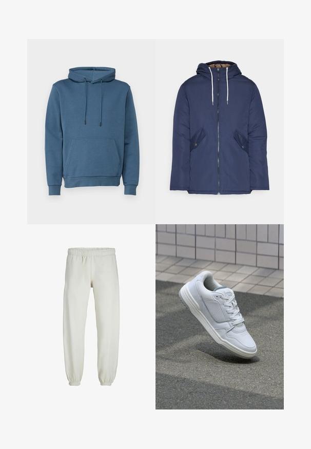 Námornícky modrá vystužená bunda s kapucňou, so zipsom vpredu, dvomi bočnými vreckami s gombíkmi a bielymi šnúrkami.; Mikina s kapucňou v modrej farbe, s predným vreckom, sťahovacími šnúrkami, rebrovanými manžetami a lemom. Vyrobená z mäkkej, štruktúrovanej tkaniny.; Biele teplákové nohavice vyrobené z mäkkej textílie, s elastickým pásom a manžetami, s hladkým povrchom a voľným strihom.; Biele kožené tenisky s perforovanými stranami, textúrovanými akcentmi, plochými šnúrkami a kontrastnou sivou pätou. Majú mierne zvýšenú podrážku.