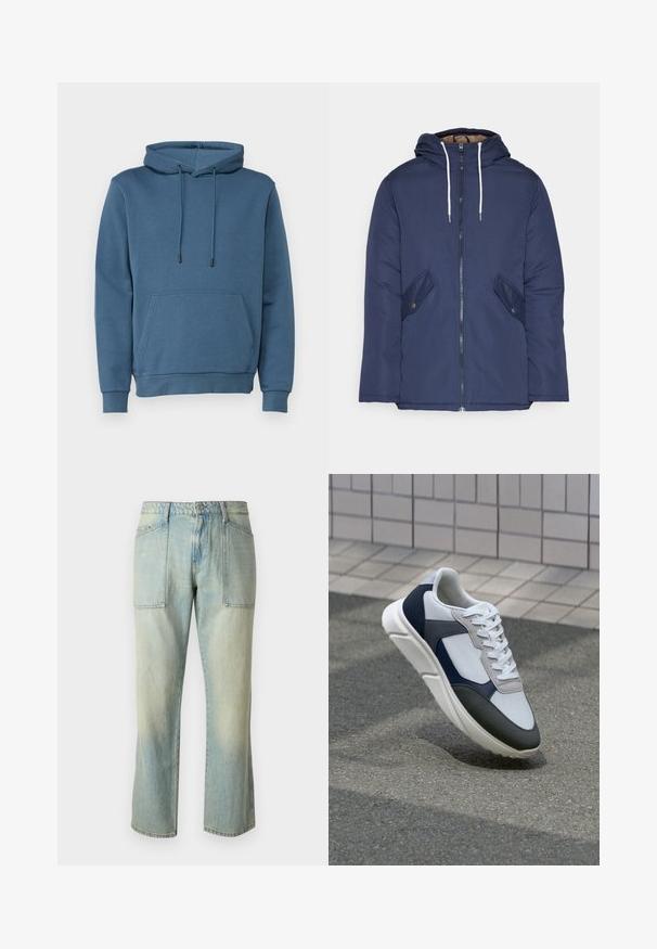 Tumesinine vahtkatseline jakk, millel on kapuuts, esilukk, kaks küljetaskut nupuga ja valged tõmblukud.; Sinise kapuutsiga särk, millel on eesmine tasku, paelad, soonikkoes varrukad ja allserv. Valmistatud pehmest, tekstureeritud kangast.; Hele sinine denimist teksad sirge säärega, nähtavate õmblustega ja kahe suuri esikotti. Kude on pleekinud tekstuuriga.; Valge, mereväe sinine ja hall spordijalats, millel on segatud materjalide disain, tekstureeritud ülemine osa, lame pael ja pehme talla.