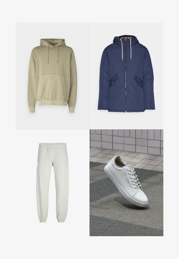 Navy blue padded jacket with a hood, featuring a front zipper, two side pockets with buttons, and white drawstrings.; Khaki hoodie with a drawstring hood, kangaroo pocket, and ribbed cuffs. Made from soft fabric with a smooth texture.; White sweatpants made from soft fabric, featuring an elastic waistband and cuffs, with a smooth texture and loose-fitting design.; White sneaker made of textured leather, featuring a lace-up front, sturdy rubber sole, and minimalistic design with a reinforced toe.