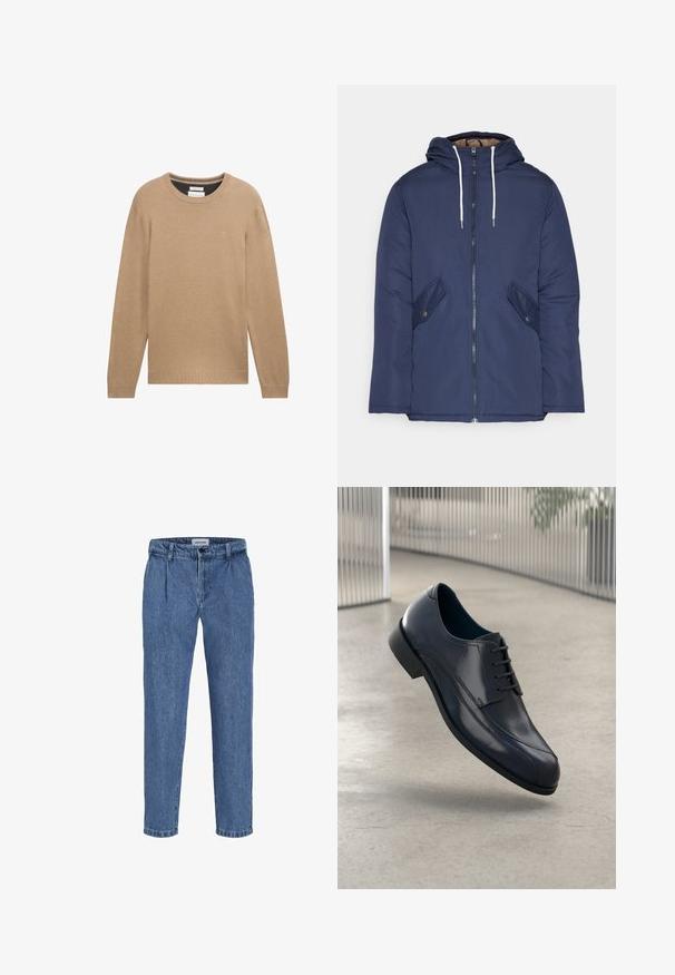 Marineblau gepadded Jacke mit Kapuze, ausgestattet mit einem Reißverschluss vorne, zwei seitlichen Taschen mit Knöpfen und weißen Kordeln.; Beiger Strickpullover mit einem runden Ausschnitt, langen Ärmeln sowie gerippten Bündchen und Saum. Verfügt über ein kleines Logo auf der Brust.; Hellblaues Denim-Hosen mit einer lockeren Passform, hohem Bund, zwei vorderen Falten und einem gekrempelten Saum. Einfache Knopf- und Reißverschlussöffnung.; Glänzender schwarzer Leder-Dressschuh mit Schnürsenkeln, schwebend über einem glatten, hellgrauen Boden und vertikalen Metallstäben im Hintergrund.