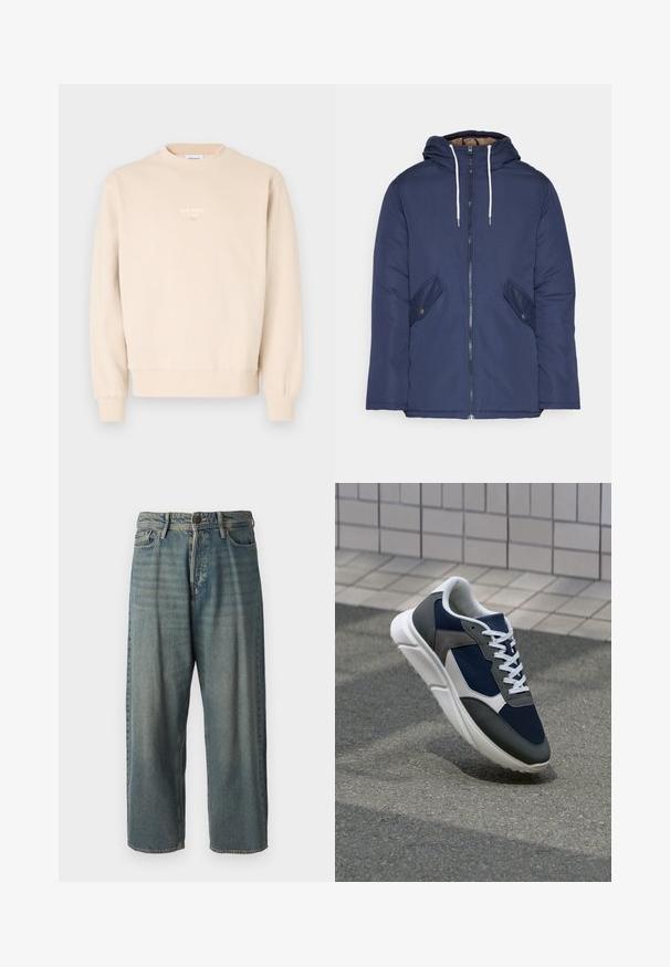 Námorně modrá prošívaná bunda s kapucí, která má přední zip, dvě boční kapsy s knoflíky a bílé šňůrky.; Beige mikina vyrobená z měkké tkaniny, s kulatým výstřihem, žebrovanými manžetami a malým bílým logem na hrudi.; Světle modré denimové džíny s volným střihem, středně vysokým pasem a rovnými nohavicemi. Obsahují pět kapes, poutka na opasek a zapínání na knoflík.; Tenisky s horní částí z námornicky modré síťoviny, šedými semišovými akcenty, bílou gumovou podrážkou a plochými bílými tkaničkami, navržené pro pohodlí a prodyšnost.