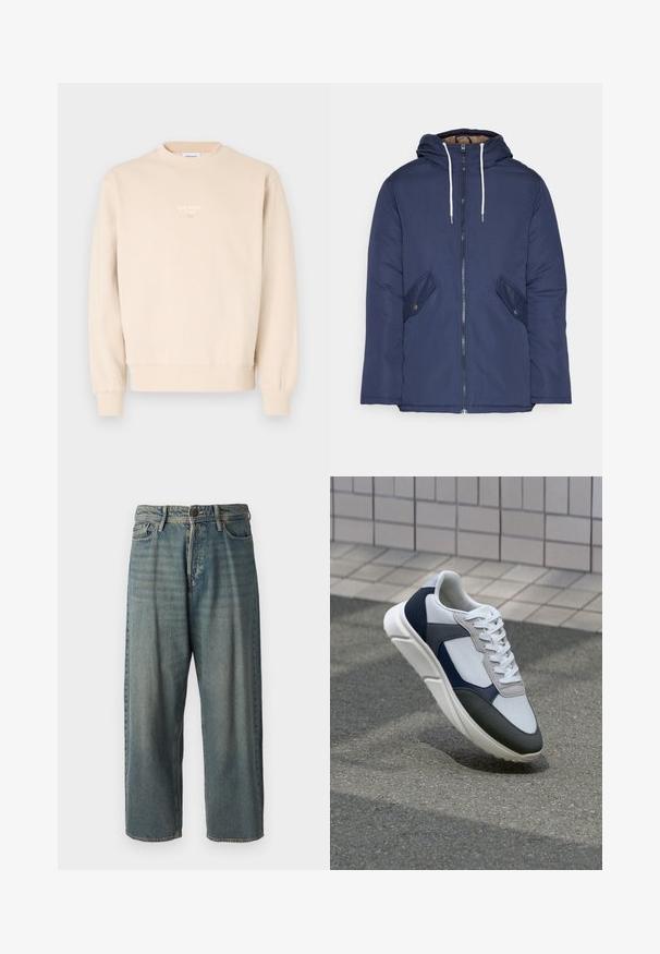 Jachetă căptușită bleu marin cu glugă, având un fermoar frontal, două buzunare laterale cu nasturi și șnururi albe.; Hanorac bej realizat dintr-un material moale, cu guler rotund, manșete ribbate și un mic logo alb pe piept.; Jeans din denim bleu deschis, cu o croială lejeră, talie medie și picioare drepte. Au cinci buzunare, bucle pentru curea și închidere cu nasture.; Tenisi albi, bleumarin și gri, cu un design din materiale mixte, având un superior texturat, șireturi plate și o talpă căptușită.