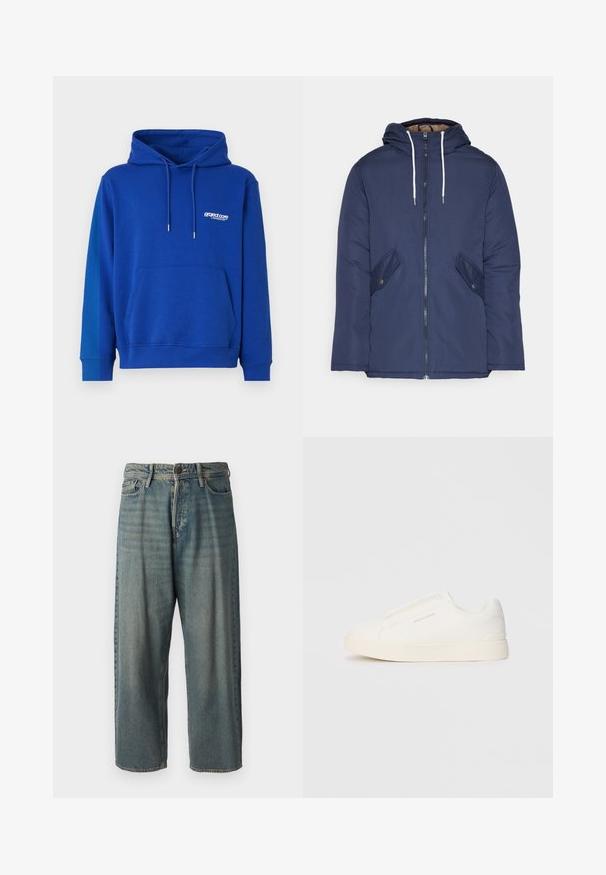 Marineblå polstret jakke med hette, med glidelås foran, to sidelommer med knapper og hvite snorer.; Blå hettegenser med kengurulomme, snøring på hetten og ribbestrikkede mansjetter. Har en liten hvit logo på brystet. Myk tekstur.; Lyseblå denimjeans med løs passform, midjehøyde og rette ben. Har fem lommer, beltehemper og knappelukking.; Hvite slip-on joggesko med teksturert overflate, tykk såle og minimalistisk design. Har merkevarelogo på siden.