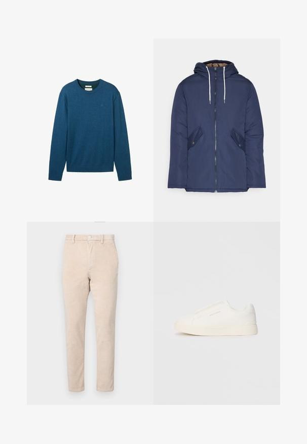 Navy blue padded jacket with a hood, featuring a front zipper, two side pockets with buttons, and white drawstrings.; Blue long-sleeve crew-neck sweater in a soft fabric. Features ribbed cuffs and hem, with a subtle logo embroidered on the chest.; Beige corduroy pants with a straight leg design, featuring a button closure, belt loops, and subtle ribbed texture.; White slip-on sneakers with a textured surface, a thick sole, and minimalistic design. Features brand logo on the side.