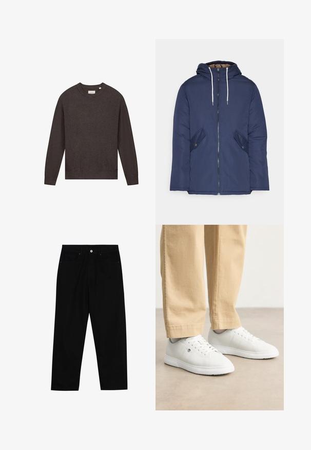 Veste matelassée bleu marine avec capuche, dotée d'une fermeture éclair à l'avant, de deux poches latérales avec boutons et de cordons de serrage blancs.; Échec de la génération de texte alternatif; Pantalons en denim noir avec une coupe droite, un design à cinq poches et une fermeture à bouton à l'avant. Texture lisse avec des détails de couture minimaux.; Baskets en cuir blanc avec une finition lisse, présentant un bout arrondi, un laçage, et un détail de logo subtil sur le côté, associées à un pantalon beige.