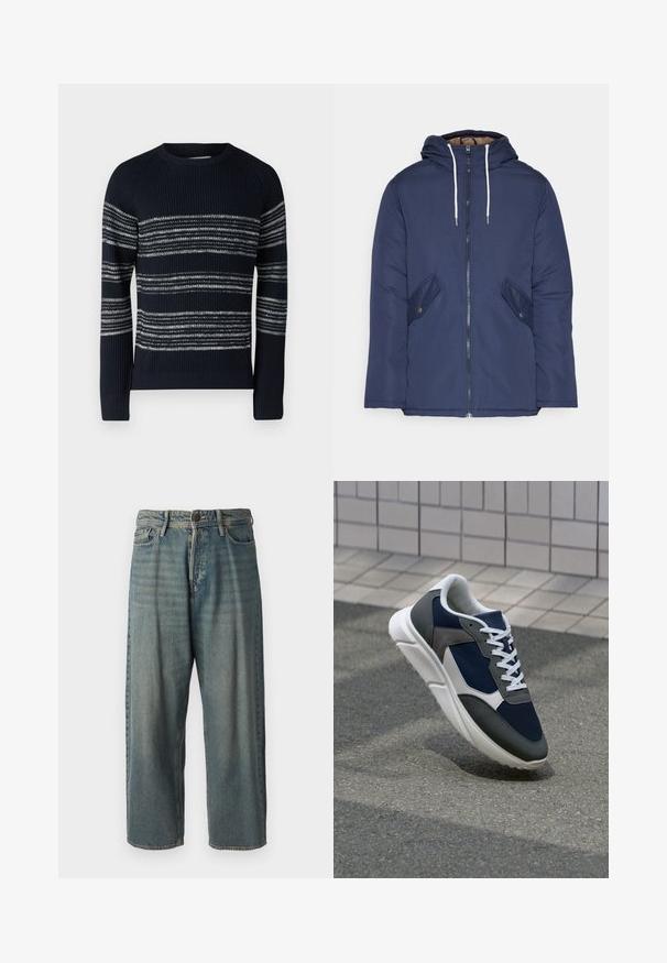 Giacca imbottita blu navy con cappuccio, dotata di zip frontale, due tasche laterali con bottoni e lacci bianchi.; Jack & Jones JJPANNEL - Maglione - navy; Jeans di denim azzurro chiaro con vestibilità ampia, vita media e gambe dritte. Presenta cinque tasche, passanti per cintura e chiusura con bottone.; Sneaker con tomaia in rete blu navy, inserti in suede grigio, suola in gomma bianca e lacci bianchi piatti, progettata per comfort e traspirabilità.