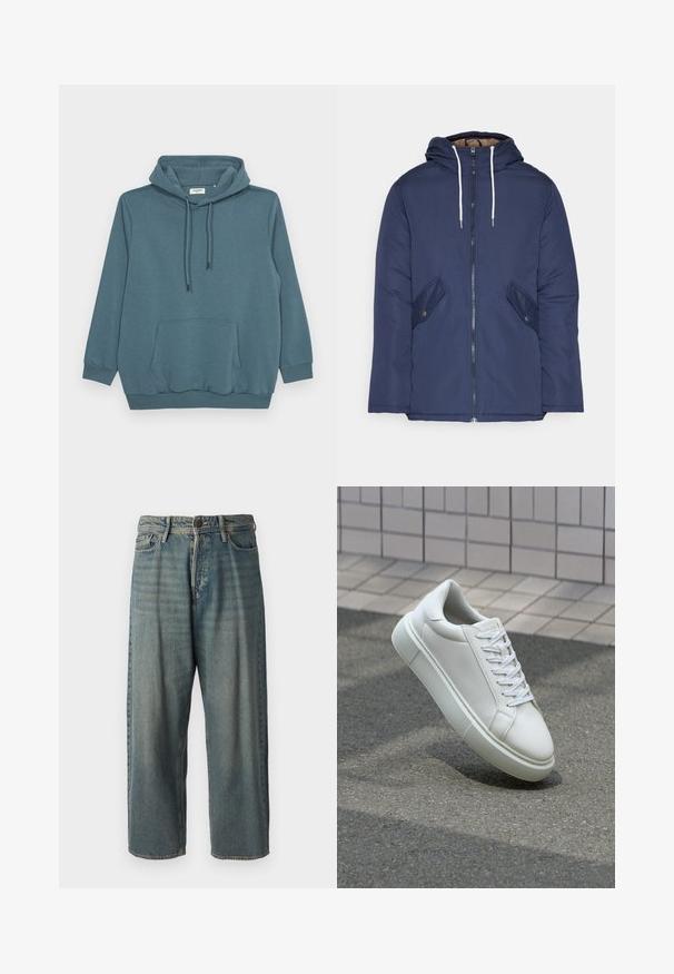 Jachetă căptușită bleu marin cu glugă, având un fermoar frontal, două buzunare laterale cu nasturi și șnururi albe.; Hanorac teal cu glugă cu șnur, mâneci lungi, un buzunar frontal de tip kangaroo și manșete și tiv ribborate, fabricat dintr-un material neted.; Jeans din denim bleu deschis, cu o croială lejeră, talie medie și picioare drepte. Au cinci buzunare, bucle pentru curea și închidere cu nasture.; Sneaker alb din piele cu o suprafață netedă, vârf rotund și șireturi plate albe. Dispune de o talpă din cauciuc texturată și elemente de design minimale.