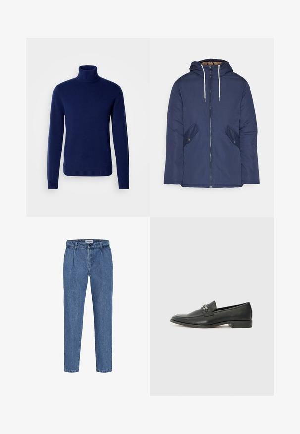 Mornarsko modra podložena jakna s kapuco, ki ima sprednji zadrgo, dva stranska žepa s gumbi in bele vrvice.; Temno modra pulover z visokim ovratnikom, narejen iz mehkega pletenega materiala. Ima rebrast ovratnik, zapestja in spodnji rob. Enostaven, prilegajoč se dizajn brez vidnih vzorcev.; Svetlo modri jeans hlače z ohlapnim krojem, z visokim pasom, dvema sprednjima pregiboma in manšeto na robu. Enostavno zapiranje z gumbom in zadrgo.; Črni usnjeni loafer z gladko površino, ki ima šivano zasnovo in dekorativni kovinski verižni naglas preko vampirja. Ravno peto.
