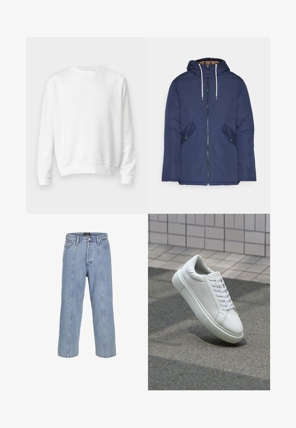 Jūras zila pufīgā jaka ar kapuci, kas aprīkota ar priekšējo rāvējslēdzēju, divām sānu kabatām ar pogām un baltiem aukliņām.; Balts crewnecks džemperis, izgatavots no mīksta kokvilnas auduma. Garas piedurknes, ribotie apkakles un apakšmalas gali, gluda tekstūra un minimālistisks dizains.; Gai zilos džinsus ar brīvu piegriezumu, platām kājām un redzamām šuvēm. Iespējams, pogu un rāvējslēdzēja aizdare, pieci kabatas.; Baltas ādas sporta apavi ar gludu virsmu, apaļu pirkstu un plakanām baltām šņorēm. Iezīmējas ar strukturētu gumijas zoli un minimālisma dizaina elementiem.