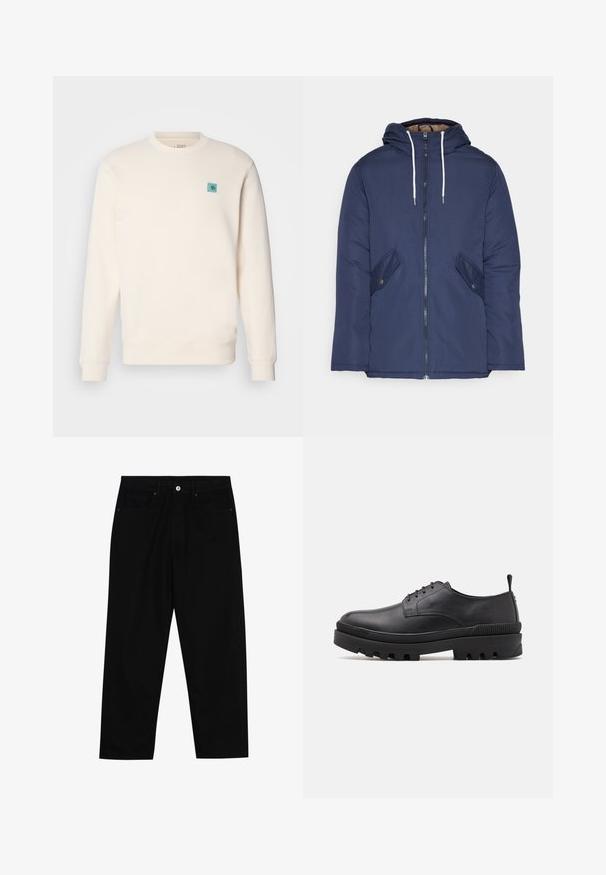 Námorně modrá prošívaná bunda s kapucí, která má přední zip, dvě boční kapsy s knoflíky a bílé šňůrky.; Krémová mikina vyrobená z měkké látky, s kulatým výstřihem, žebrovanými manžetami, rovnými lemy a malým modrým emblémem na hrudi.; Černé džíny s rovně střiženými nohavicemi, designem pěti kapes a předním zapínáním na knoflík. Hladký povrch s minimem švových detailů.; Černá kožená bota s zaoblenou špičkou, šněrováním a masivní gumovou podrážkou. Obsahuje poutko na patě a texturované detaily.