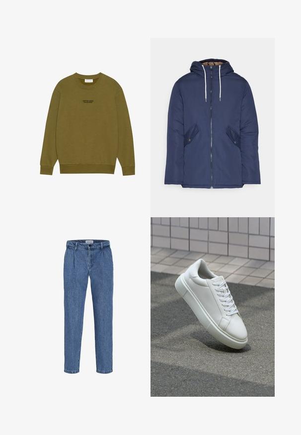 Tumesinine vahtkatseline jakk, millel on kapuuts, esilukk, kaks küljetaskut nupuga ja valged tõmblukud.; Olivaroheline sweatshirt, mis on valmistatud pehmest kangast, omab ümberkaudset kaelust, soonikkoes pahkluude ja väikest musta trükitud logo ees.; Heledad sinine teksapüksid, millel on mugav lõige, kõrge vööline, kaks esist lõhikuga ja mansetiga allservas. Lihtne nupp ja lukuga sulgemine.; Valge nahkline sneka, millel on sile pind, ümar varvas ja lame valge pael. Omab tekstuuriga kummist talla ja minimaalset kujunduselementi.