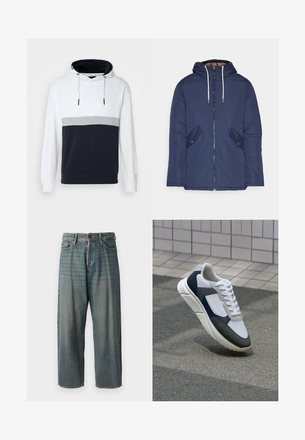 Giacca imbottita blu navy con cappuccio, dotata di zip frontale, due tasche laterali con bottoni e lacci bianchi.; Felpa con cappuccio con blocchi di colore bianco, grigio e blu navy. Materiale in cotone morbido, con cappuccio regolabile e polsini a coste.; Jeans di denim azzurro chiaro con vestibilità ampia, vita media e gambe dritte. Presenta cinque tasche, passanti per cintura e chiusura con bottone.; Sneaker bianca, blu navy e grigia con un design a materiali misti, caratterizzata da una tomaia testurizzata, lacci piatti e una suola imbottita.