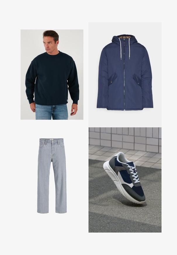 Sötétkék bélelt dzseki kapucnival, elülső cipzárral, két oldalsó zsebbel gombokkal és fehér húzózsinórokkal.; Tengerészkék környakú pulóver hosszú ujjal, laza szabású, bordázott nyakkal és mandzsettákkal, puha pamutkeverék anyagból készült.; Világoskék farmernadrág, laza szabású, egyenes lábú kialakítással, látható varrással, két elülső zsebbel és gombos záródással.; Cipő, amelynek sötétkék hálós felsőrésze, szürke velúr díszítései, fehér gumitalpa és lapos fehér fűzője van, a kényelem és a légáteresztő képesség érdekében tervezve.