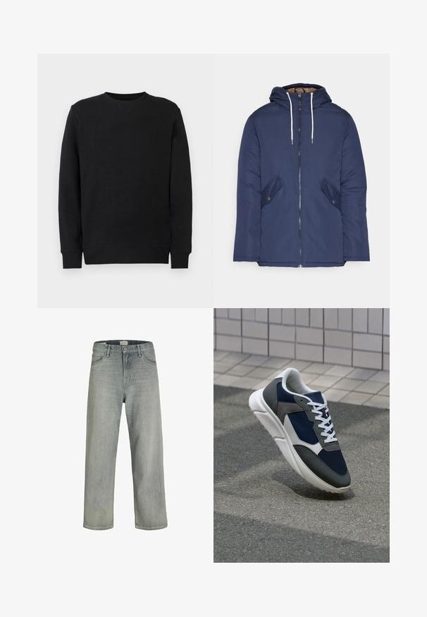 Marineblå polstret jakke med hette, med glidelås foran, to sidelommer med knapper og hvite snorer.; Svart crewneck sweatshirt med lange ermer, ribbede mansjetter og kant, vist mot en enkel hvit bakgrunn.; Lys grå, løstsittende jeans laget av denim. Har en klassisk fem-lomme-design, beltehemper og en rett ben-silhuett.; Sneakers med en navy blå mesh-overdel, grå sømværk, hvit gummisåle og flate hvite snører, designet for komfort og pusteevne.