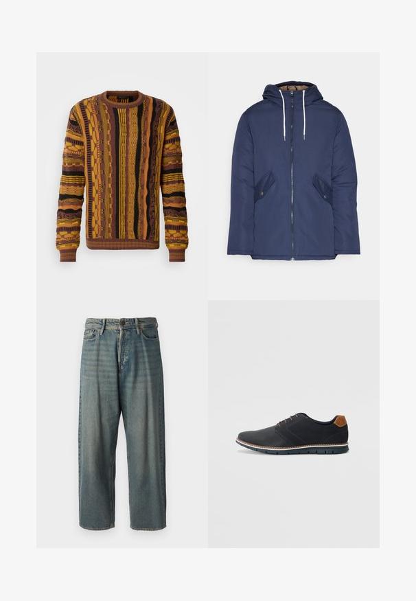 Jachetă căptușită bleu marin cu glugă, având un fermoar frontal, două buzunare laterale cu nasturi și șnururi albe.; Pulover tricotat în nuanțe de maro, galben și negru, cu motive verticale. Prezintă manșete și guler cu un model rib făcut, detalii texturate pe întreaga suprafață.; Jeans din denim bleu deschis, cu o croială lejeră, talie medie și picioare drepte. Au cinci buzunare, bucle pentru curea și închidere cu nasture.; Pantofi sintetici negri cu un superior texturat, accente netede, toc maro și o talpă contrastantă. Prezintă un șnur minimalist și detalii de cusătură.