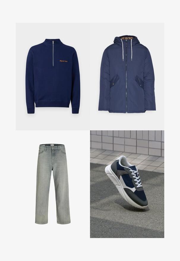 Marineblå polstret jakke med hette, med glidelås foran, to sidelommer med knapper og hvite snorer.; Navyblå genser med halv glidelås og "Originals Studio" brodert i oransje på brystet.; Lys grå, løstsittende jeans laget av denim. Har en klassisk fem-lomme-design, beltehemper og en rett ben-silhuett.; Sneakers med en navy blå mesh-overdel, grå sømværk, hvit gummisåle og flate hvite snører, designet for komfort og pusteevne.