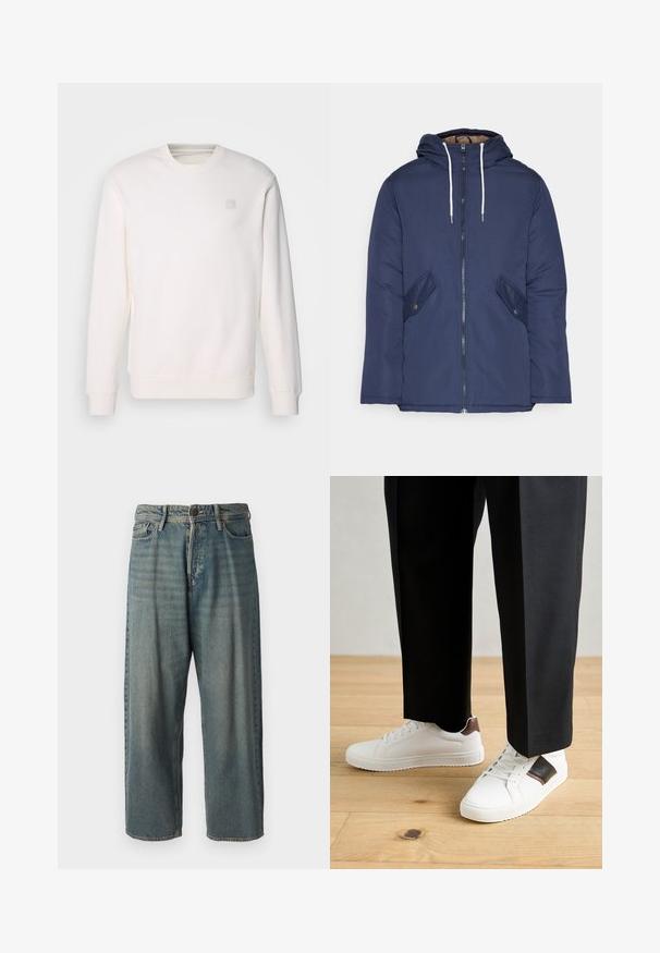 Navy blue padded jacket with a hood, featuring a front zipper, two side pockets with buttons, and white drawstrings.; White sweatshirt made of soft fabric, featuring a round neckline, long sleeves, ribbed cuffs, and a small square logo on the chest.; Light blue denim jeans with a loose fit, mid-rise waist, and straight legs. Features five pockets, belt loops, and a button closure.; White sneakers with smooth texture, featuring brown leather accents and black detailing, paired with black tailored pants. Wooden floor background.