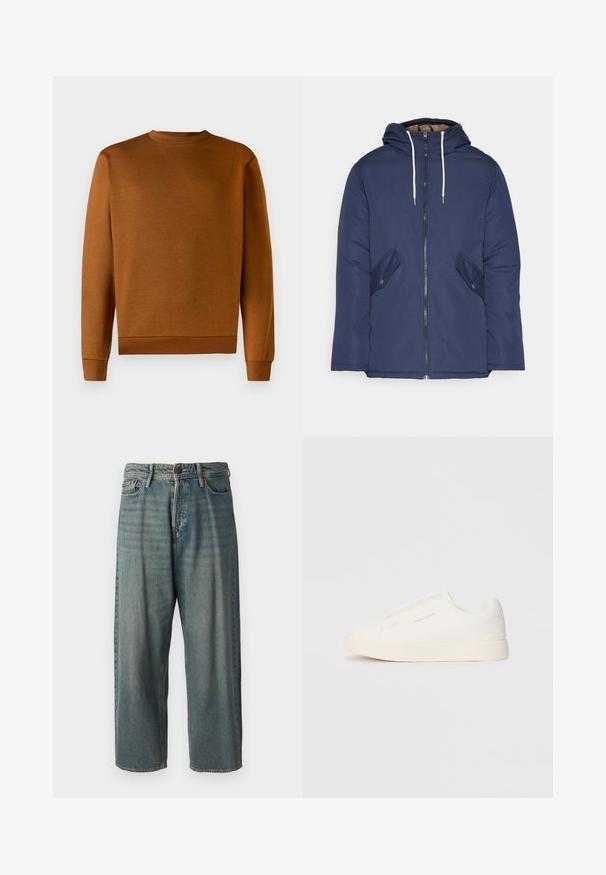 Sötétkék bélelt dzseki kapucnival, elülső cipzárral, két oldalsó zsebbel gombokkal és fehér húzózsinórokkal.; Barna kereknyakú pulóver, puha textúrával, bordázott mandzsettákkal és aljjal. Egyszerű dizájn, minta vagy kiegészítők nélkül, tartós anyagból készült.; Világoskék farmernadrág, laza fazonnal, közepes derékbőséggel és egyenes szárral. Öt zsebet, övbucskát és gombos záródást tartalmaz.; Fehér slip-on sportcipők texturált felülettel, vastag talppal és minimalista dizájnnal. Az oldalon a márka logója található.