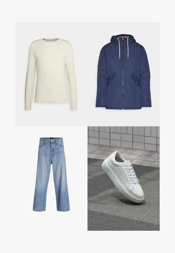 Sötétkék bélelt dzseki kapucnival, elülső cipzárral, két oldalsó zsebbel gombokkal és fehér húzózsinórokkal.; Krém színű, kerek nyakú pulóver hosszú ujjakkal, bordás mandzsettákkal és szegéllyel. Puha kötött anyagból készült, mintázat és díszítés nélkül.; Világoskék farmer széles lábú nadrág magas derékkal, gombos zipzárral, öt zsebes kialakítással és enyhe kopással. Tiszta szegélyek.; Fehér bőr sportcipő sima felülettel, kerek orral és lapos fehér fűzőkkel. Texturált gumitalppal és minimális dizájnelemekkel rendelkezik.