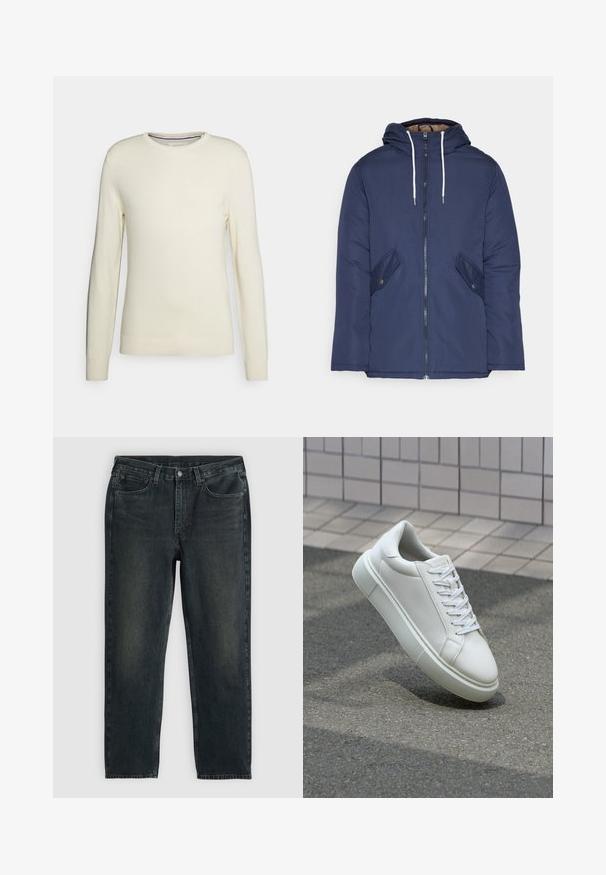 Tumesinine vahtkatseline jakk, millel on kapuuts, esilukk, kaks küljetaskut nupuga ja valged tõmblukud.; Kreemivärvi, ümarakaelusega jumper pikade varrukatega, soonikservade ja -äärtega. Valmistatud pehmest kudumisest, ilma mustrite või kaunistusteta.; Tumed sinised denim teksad sirgete sääremõõtudega, viie tasku, lukuga ja kontrastsetes õmblustes. Kanga peal on õrn kulumine.; Valge nahkline sneka, millel on sile pind, ümar varvas ja lame valge pael. Omab tekstuuriga kummist talla ja minimaalset kujunduselementi.