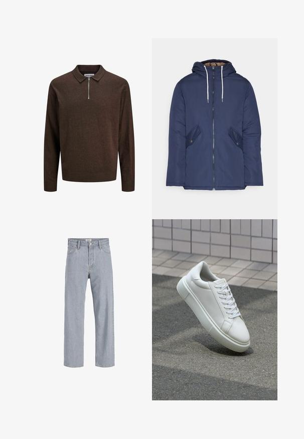 Giacca imbottita blu navy con cappuccio, dotata di zip frontale, due tasche laterali con bottoni e lacci bianchi.; Pullover lavorato a maglia marrone scuro a maniche lunghe con colletto e zip frontale a metà, con polsini e orlo a coste, etichettato JACK & JONES.; Jeans in denim azzurro chiaro con vestibilità rilassata, design a gamba dritta, cuciture visibili, due tasche frontali e chiusura con bottone.; Sneaker bianco in pelle con superficie liscia, punta rotonda e lacci piatti bianchi. Presenta una suola in gomma texturizzata e un design minimale.