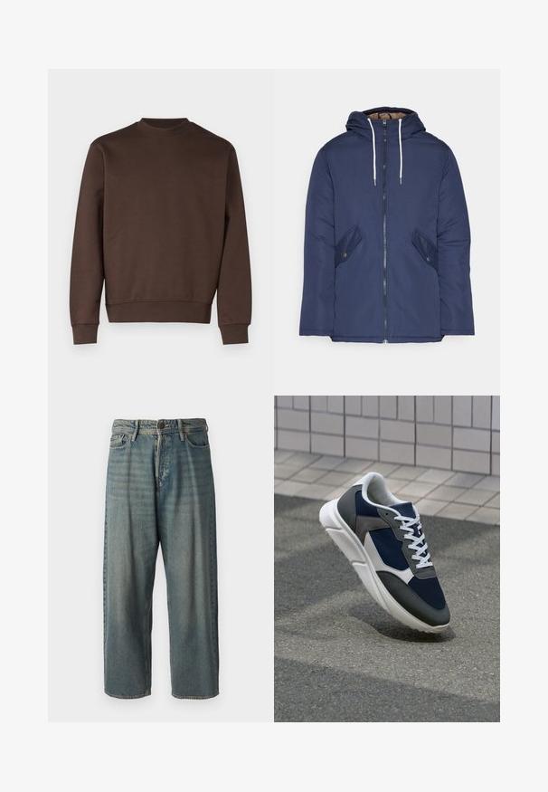 Námornícky modrá vystužená bunda s kapucňou, so zipsom vpredu, dvomi bočnými vreckami s gombíkmi a bielymi šnúrkami.; Hnedý crewneck sveter vyrobený z hladkej zmesi bavlny. Obsahuje rebrované manžety a lem, jednoduchý design bez vzorov alebo ozdôb.; Svetlomodré denimové nohavice so voľným strihom, stredne vysokým pásom a rovnými nohavicami. Obsahujú päť vreciek, pútka na opasok a zapínanie na gombík.; Tenisky s sieťovinou v námorníckej modrej farbe, so sivými semišovými detailmi, bielou gumovou podrážkou a plochými bielymi šnúrkami, navrhnuté pre pohodlie a priedušnosť.